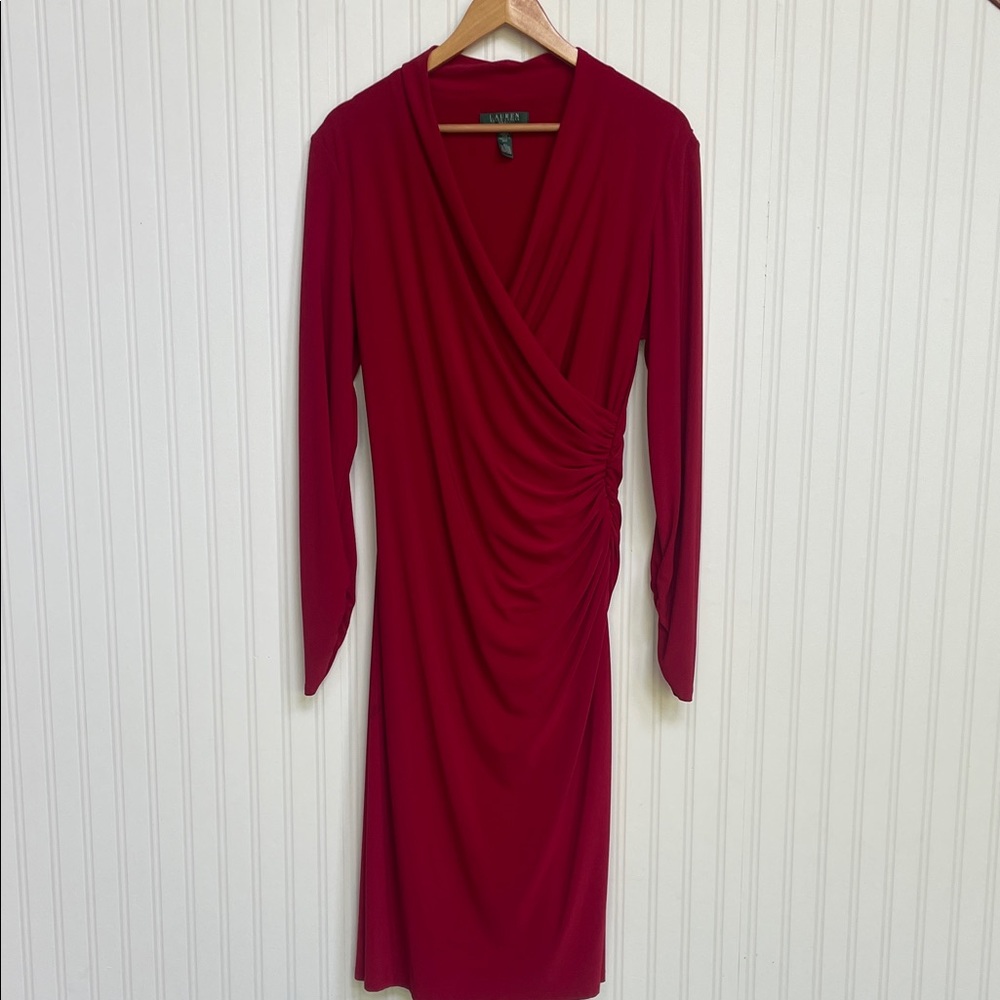 Lauren Ralph Lauren Burgundy/Red Long-Sleeve Faux-Wrap Dress
